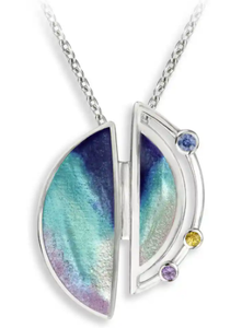 Sterling Silver Oval Blue Enamel Planet w/ Rings & Amethyst Necklace