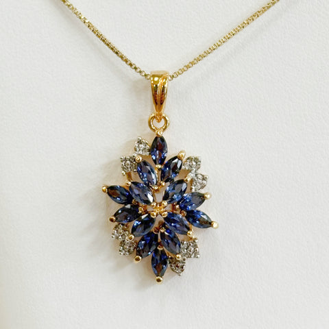 Sterling Silver / Gold-Plated Synthetic Blue Sapphire Cluster Necklace