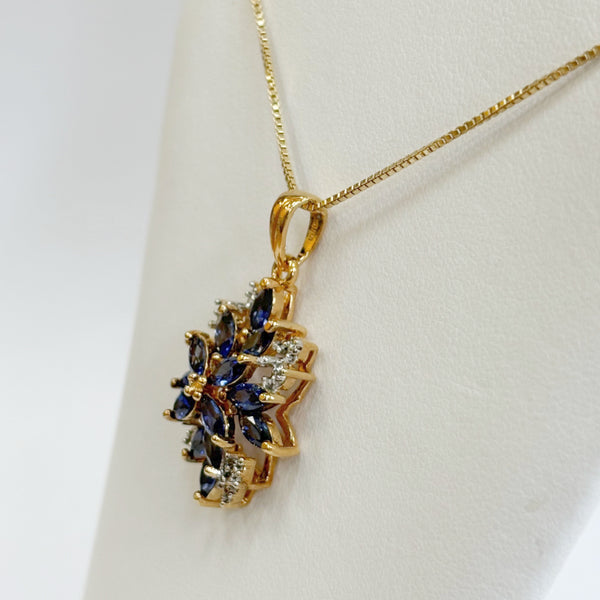 Sterling Silver / Gold-Plated Synthetic Blue Sapphire Cluster Necklace