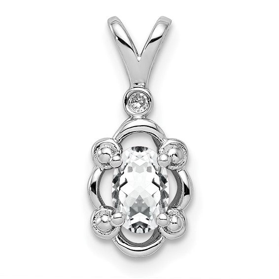 18" Sterling Silver Oval White Topaz & Diamond Pendant Necklace