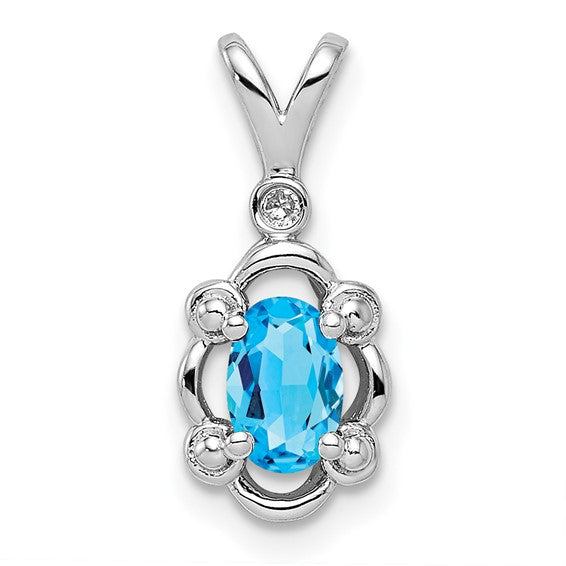 18" Sterling Silver Oval Swiss Light Blue Topaz & Diamond Pendant Necklace