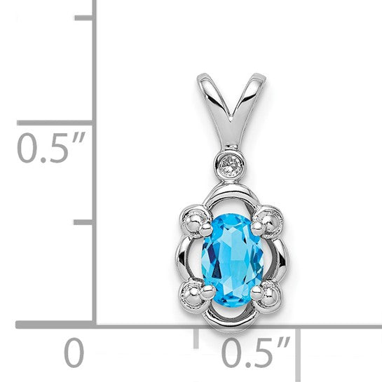 18" Sterling Silver Oval Swiss Light Blue Topaz & Diamond Pendant Necklace