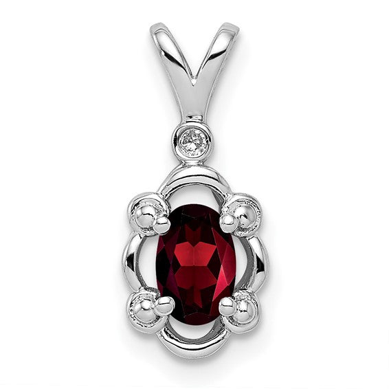 18" Sterling Silver Oval Garnet & Diamond Pendant Necklace