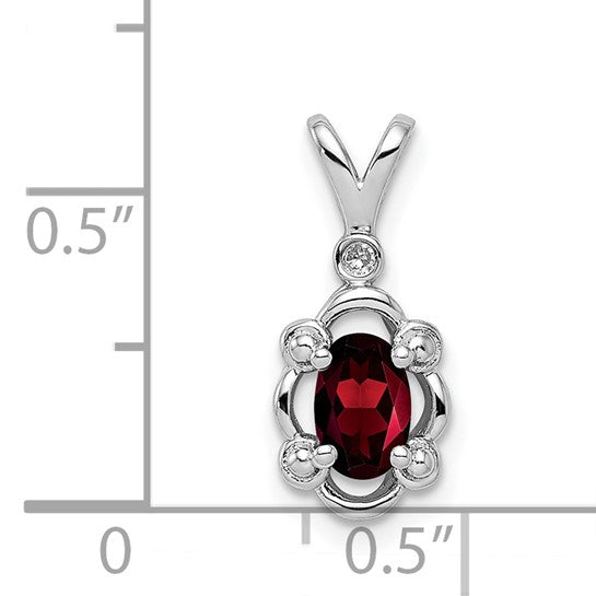 18" Sterling Silver Oval Garnet & Diamond Pendant Necklace