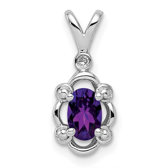 18" Sterling Silver Oval Amethyst & Diamond Pendant Necklace