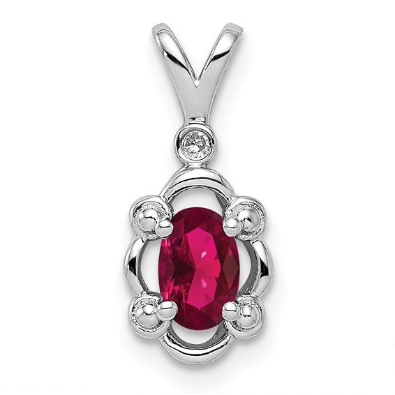 18" Sterling Silver Oval Created Ruby & Diamond Pendant Necklace
