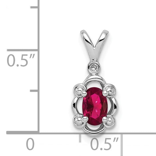 18" Sterling Silver Oval Created Ruby & Diamond Pendant Necklace