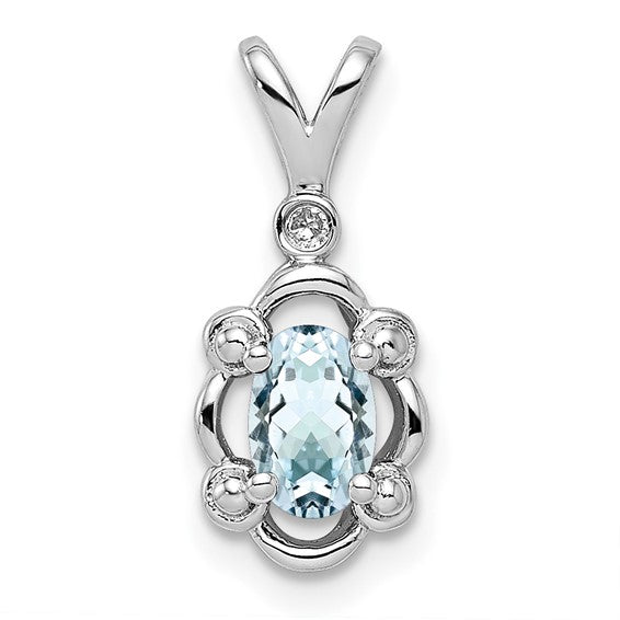 18" Sterling Silver Oval Aquamarine & Diamond Pendant Necklace