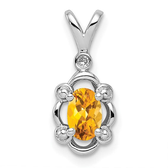 18" Sterling Silver Oval Citrine & Diamond Pendant Necklace
