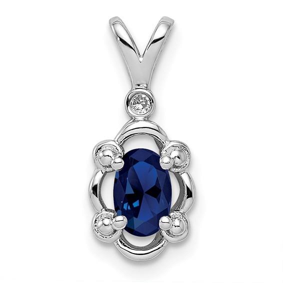 18" Sterling Silver Oval Created Sapphire & Diamond Pendant Necklace
