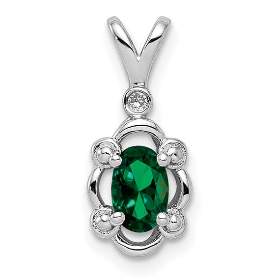 18" Sterling Silver Oval Created Emerald & Diamond Pendant Necklace