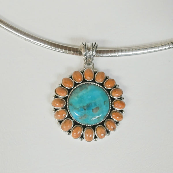 Sterling Turquoise and Coral Sunburst Necklace