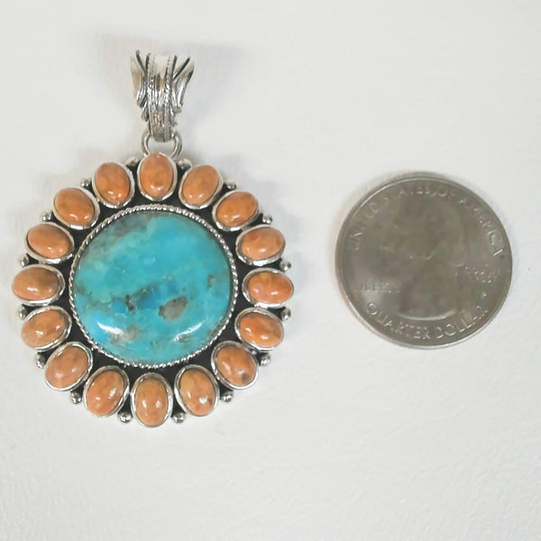 Sterling Turquoise and Coral Sunburst Necklace