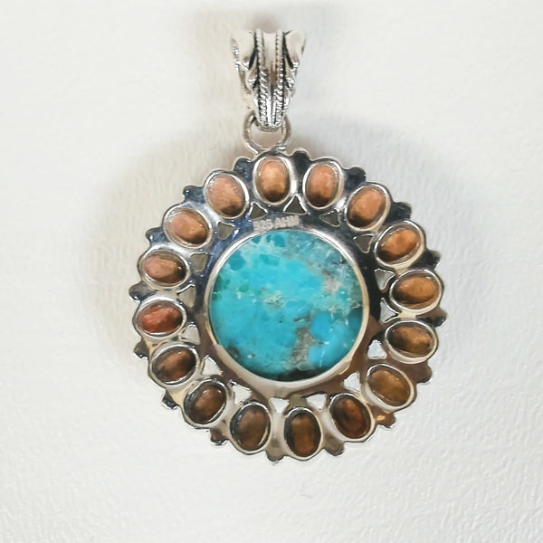 Sterling Turquoise and Coral Sunburst Necklace