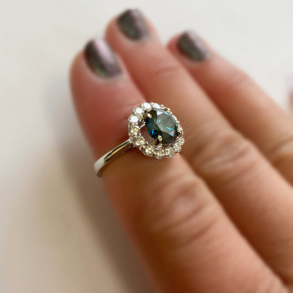 2.04ct. Natural Teal Blue Diamond Halo Ring