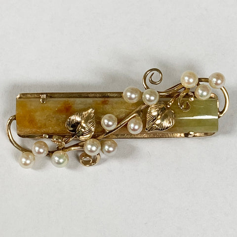 14K Vintage Ming's Jade & Cultured Pearl Brooch