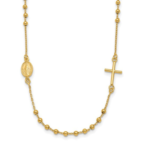 14k Polished Sideways Cross Beaded Rosary Necklace