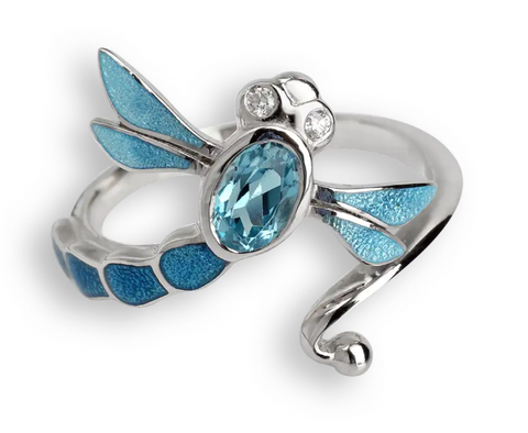 Sterling Silver Blue Enamel Dragonfly Ring