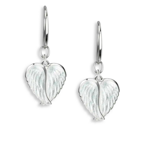 Sterling White Enamel Heart Angel Wings Dangle Earrings