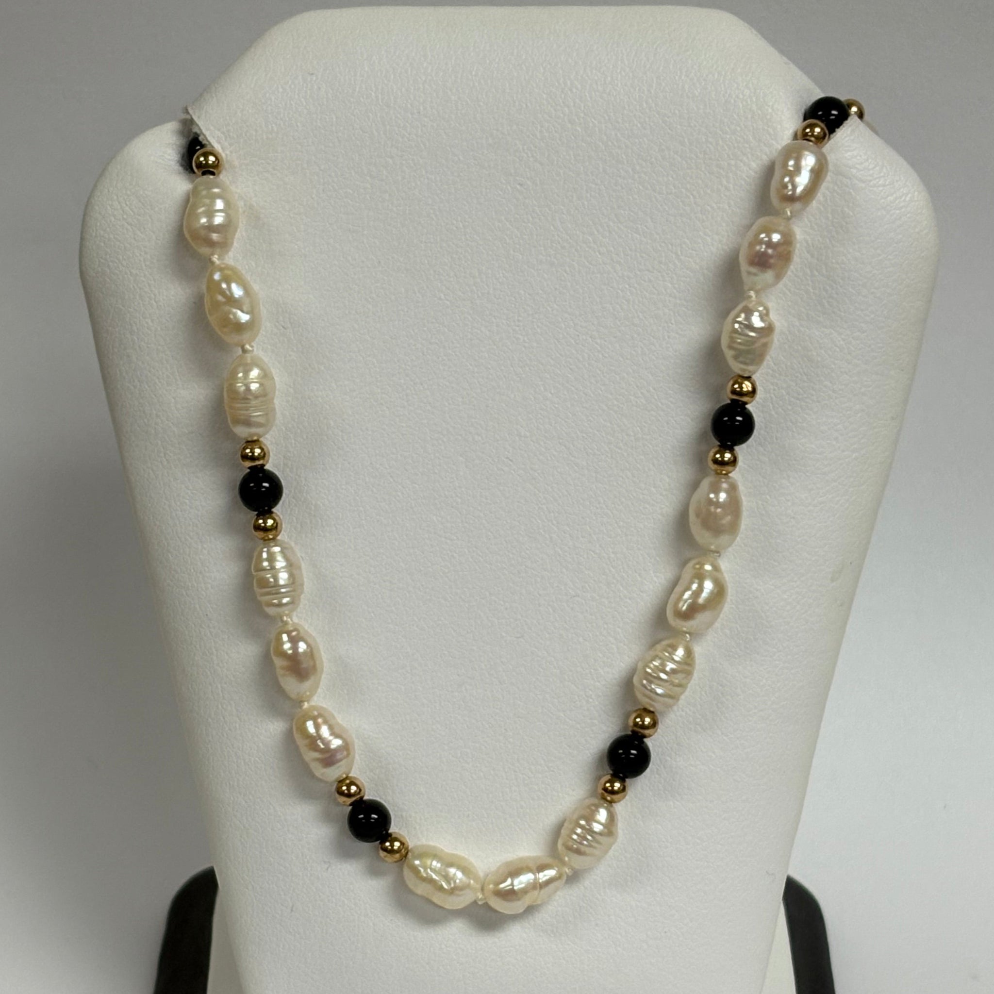 18" 14K Oval Freshwater Pearl, Black Onyx & Gold Bead Necklace
