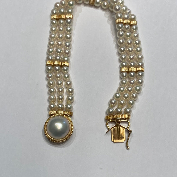 14k Triple Row Cultured Pearl Bracelet