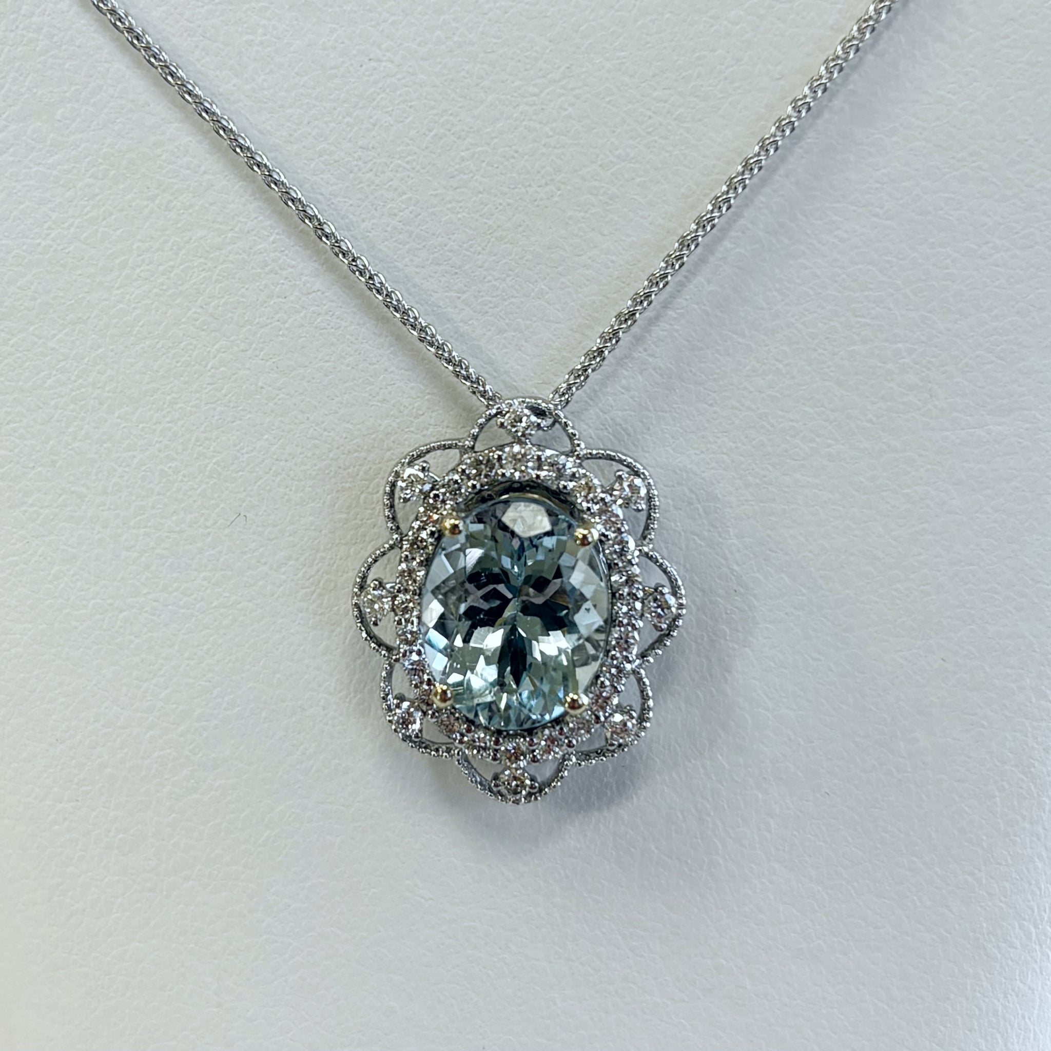 14k Aquamarine & Diamond Filigree Pendant