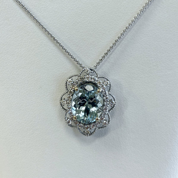 14k Aquamarine & Diamond Filigree Pendant