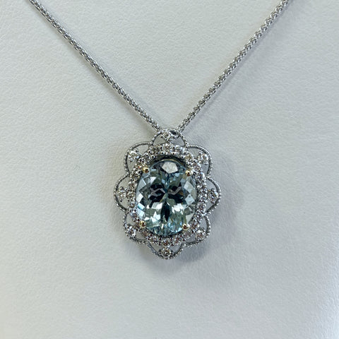 14k Aquamarine & Diamond Filigree Pendant