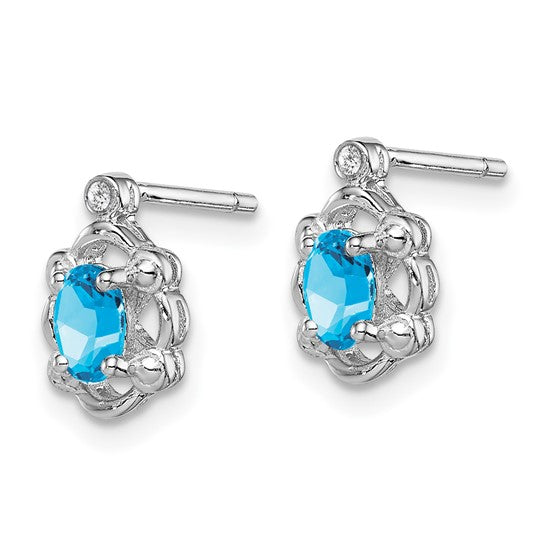 Sterling Silver Oval Swiss Light Blue Topaz & Diamond Post Earrings