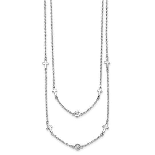 Sterling Silver Two-Strand Cubic Zirconia & Cross Necklace