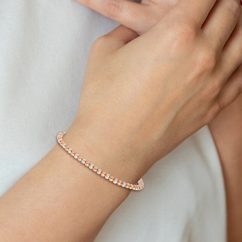 Sterling Silver / Rose Gold-Plated Diamond Cut Beaded Adjustable Bracelet