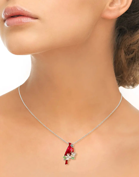 Sterling Silver Red Cardinal and Dogwood Necklace