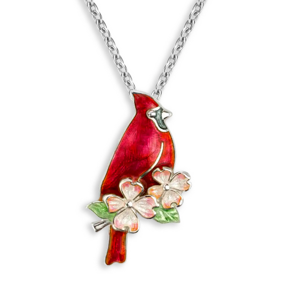 Sterling Silver Red Cardinal and Dogwood Necklace