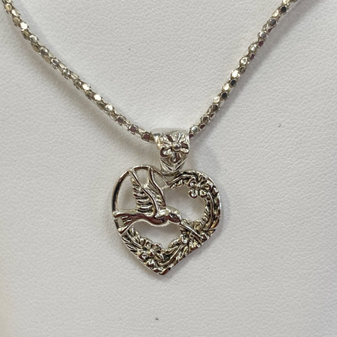 Sterling Silver Heart-Shaped Hummingbird Pendant Necklace