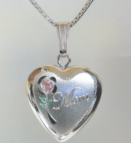 18" Sterling Mom w/Rose Heart Locket Necklace