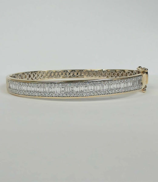 14K Baguette & Round Diamond Wide Bangle Bracelet