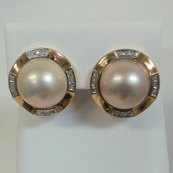 14K Mabe Pearl and Diamond Omega-Post Earrings