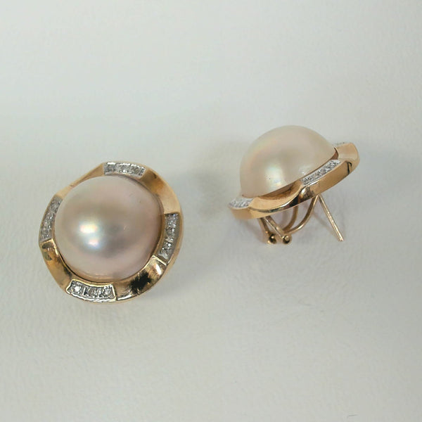 14K Mabe Pearl and Diamond Omega-Post Earrings