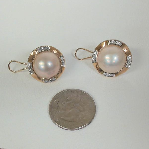 14K Mabe Pearl and Diamond Omega-Post Earrings