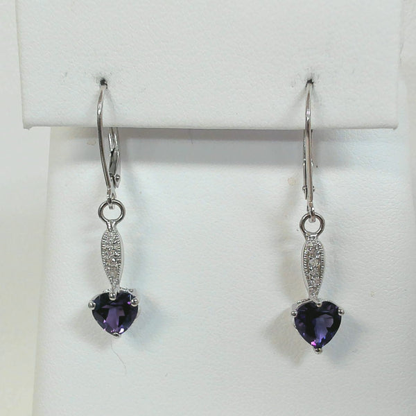 White Gold Heart Shaped Amethyst Leverback Earrings