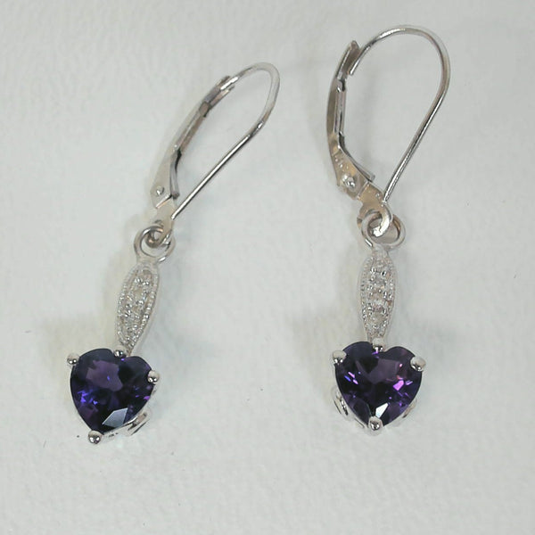 White Gold Heart Shaped Amethyst Leverback Earrings