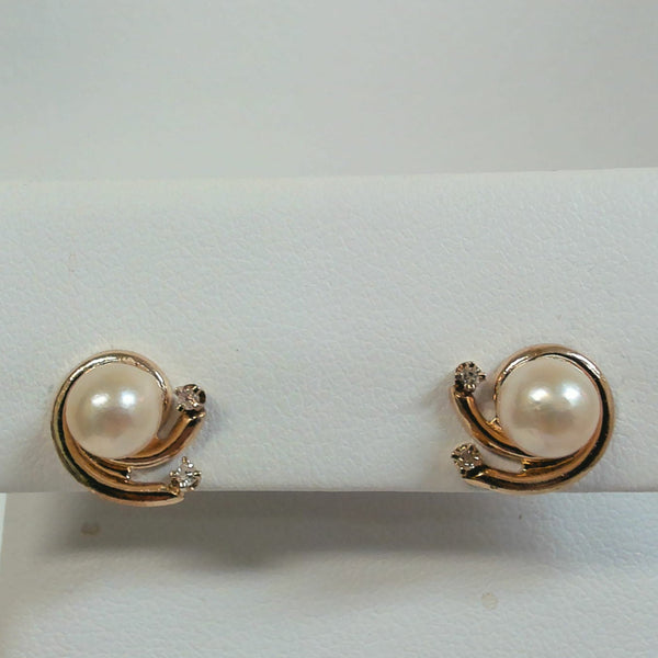 14K Pearl & Melee Diamond Stud Earrings