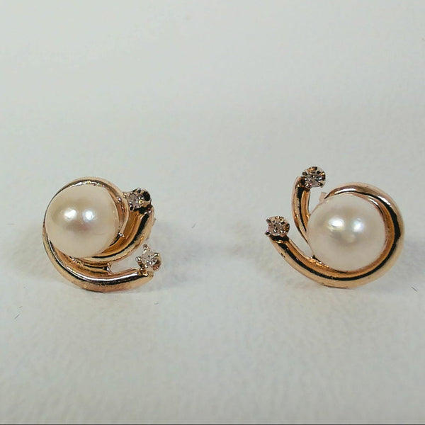 14K Pearl & Melee Diamond Stud Earrings