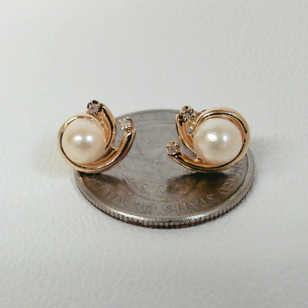 14K Pearl & Melee Diamond Stud Earrings