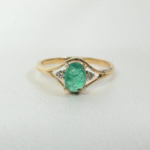 14K Cabochon Emerald and Diamond Ring
