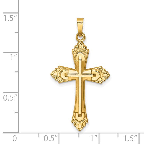 14K Hollow Polished Fleur de Lis Cross Pendant