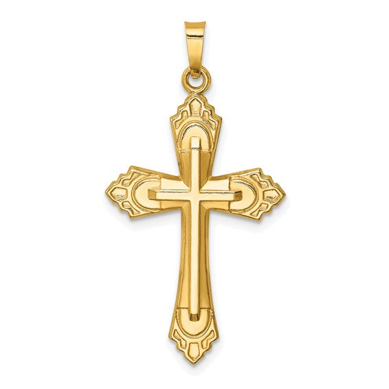 14K Hollow Polished Fleur de Lis Cross Pendant