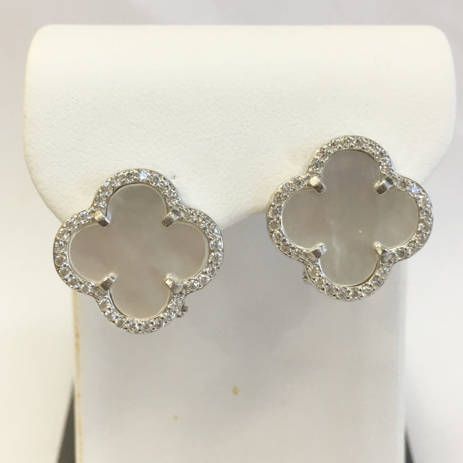 Sterling Silver Clover Mother of Pearl & Cubic Zirconia Earrings