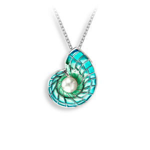 Sterling Blue-Green Enamel Shell Pearl Necklace