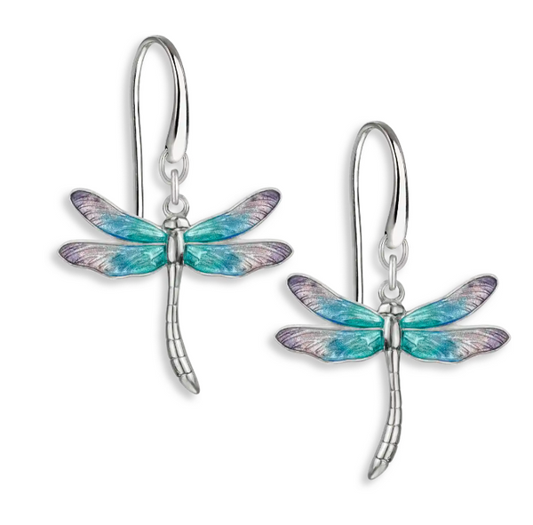 Sterling Silver Lavender & Blue Enamel Dragonfly Wire Earrings